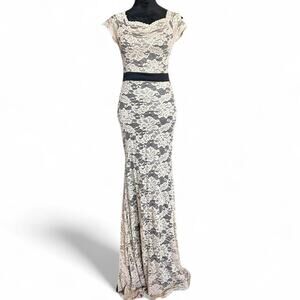 Y2K Fitted Beige Lace Maxi Dress – Cottagecore Mermaid M